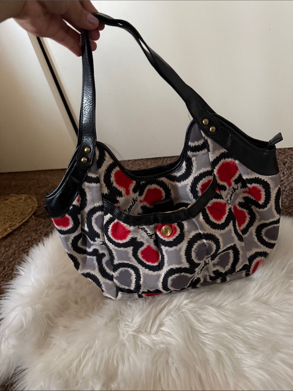 Black, Red and Gray Floral Print Shoulder Bag